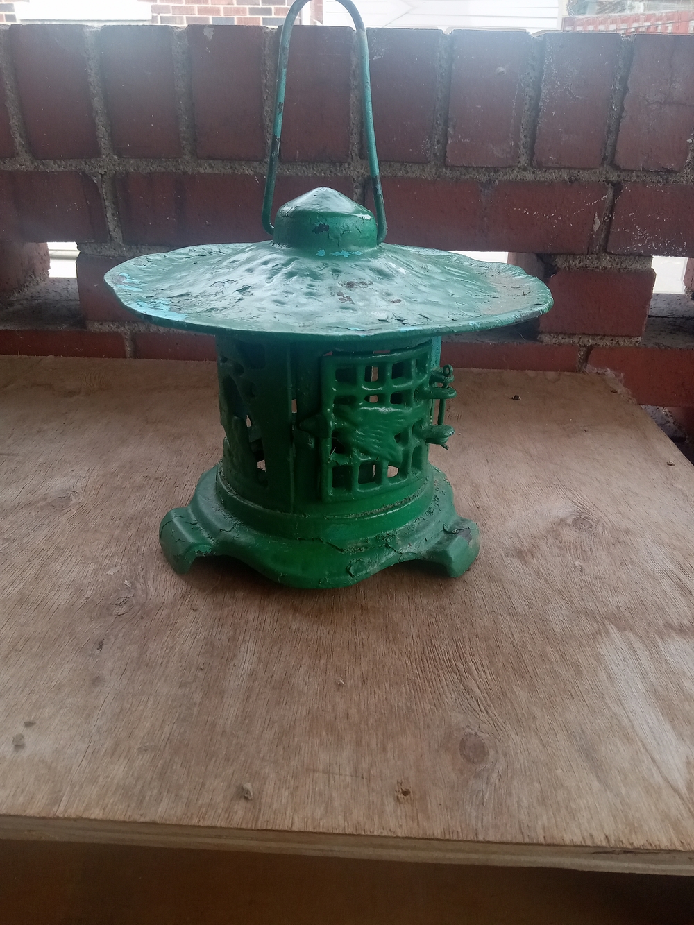 VTG CHINESE Green Cast Iron Pagoda Lantern Tea Lihlght Candle Holder
